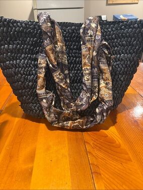 Black Woven Tote Bag with Patterned Scarf Handle